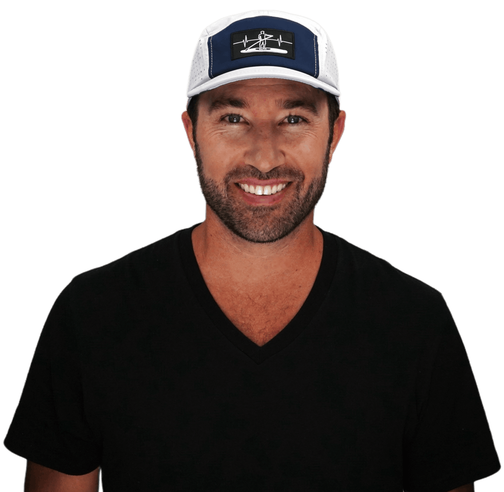 The Heartbeat Brand Paddle Board Hat - 5 Panel - Gray / Navy - Laser Mesh — detail close-up