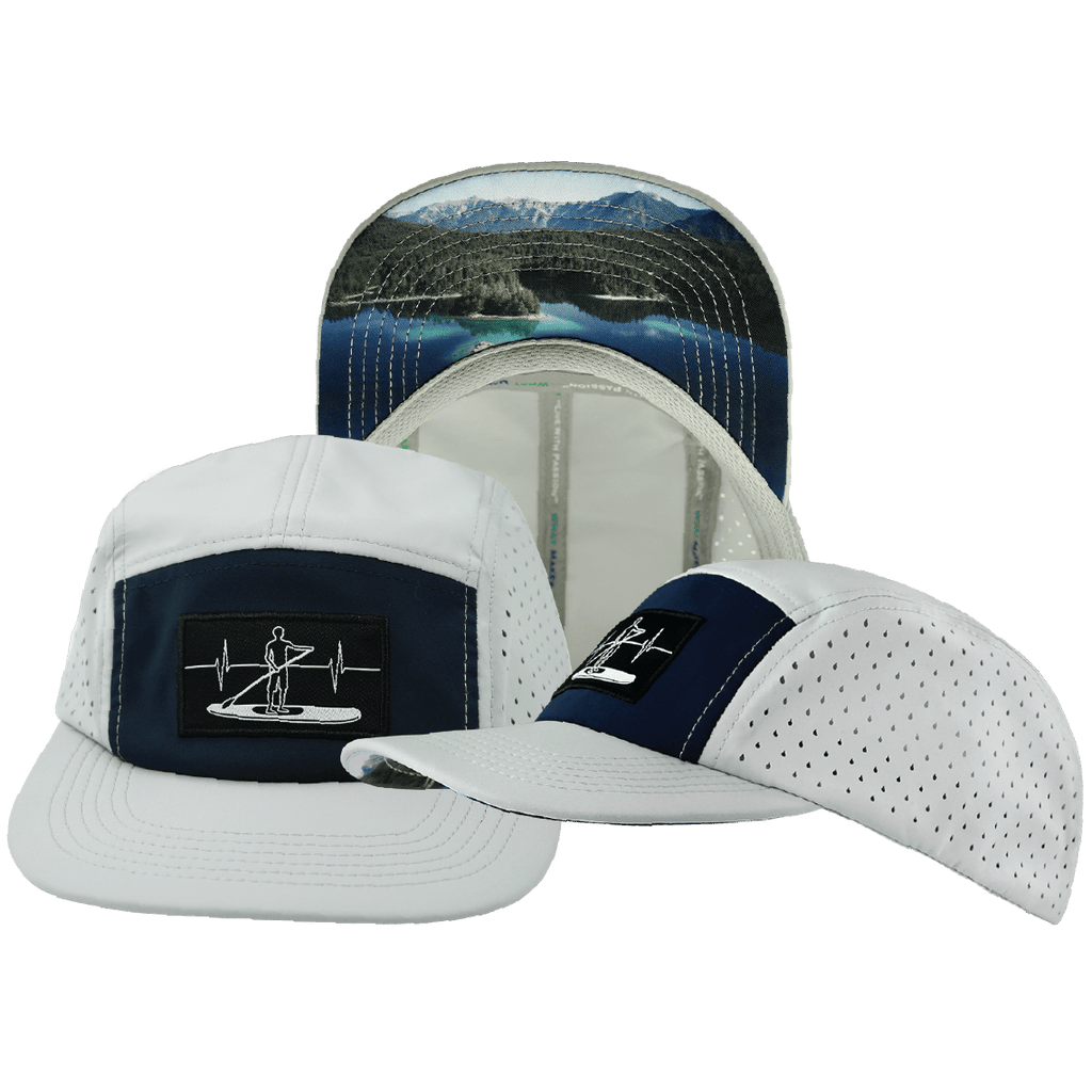 The Heartbeat Brand Paddle Board Hat - 5 Panel - Gray / Navy - Laser Mesh — main product shot