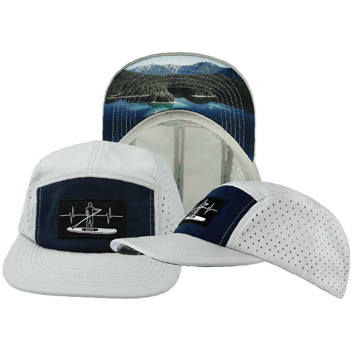 The Heartbeat Brand Paddle Board Hat - 5 Panel - Gray / Navy - Laser Mesh — main product shot