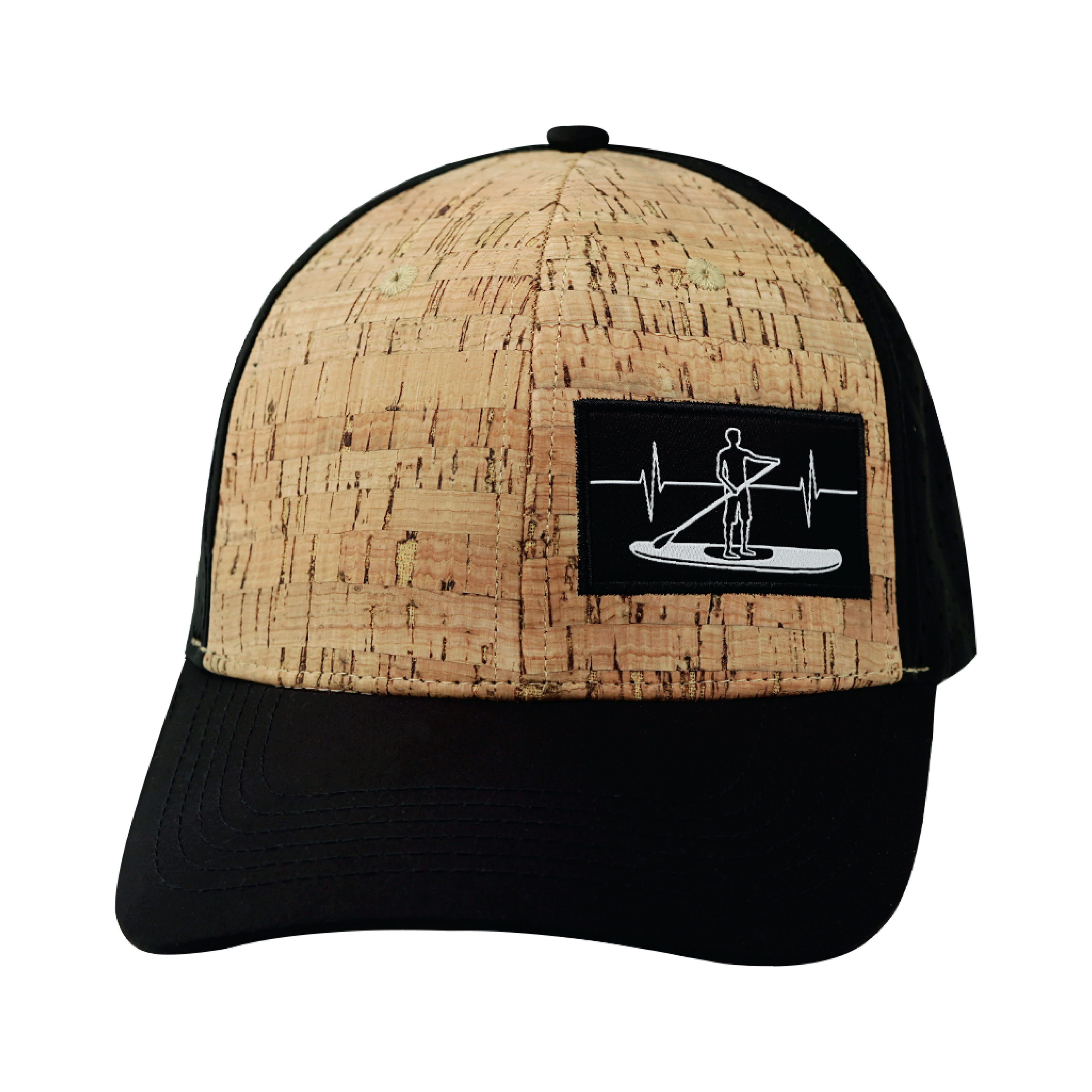 The Heartbeat Brand Paddle Board Hat - Baseball Hat Fit - Cork - Black - Laser Mesh — back view