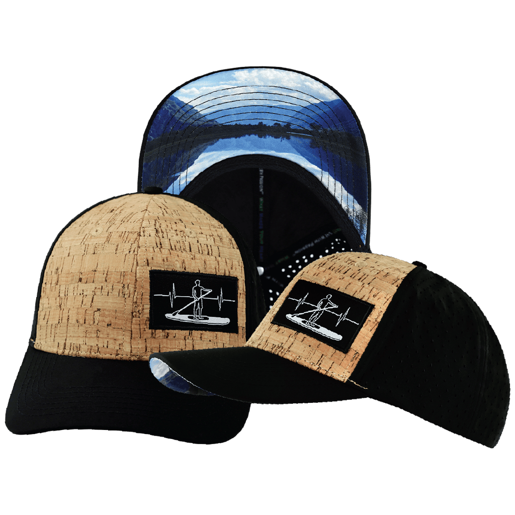 The Heartbeat Brand Paddle Board Hat - Baseball Hat Fit - Cork - Black - Laser Mesh — main product shot