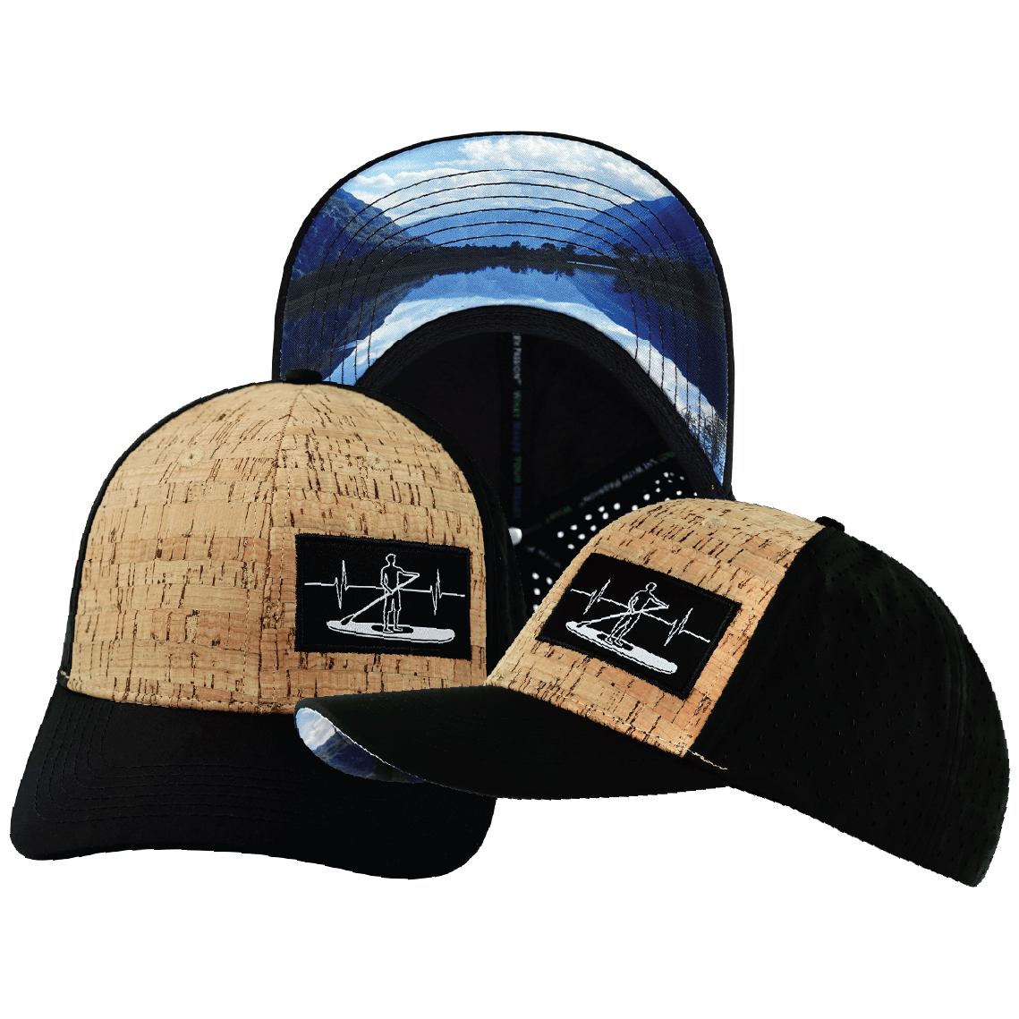 The Heartbeat Brand Paddle Board Hat - Baseball Hat Fit - Cork - Black - Laser Mesh — main product shot