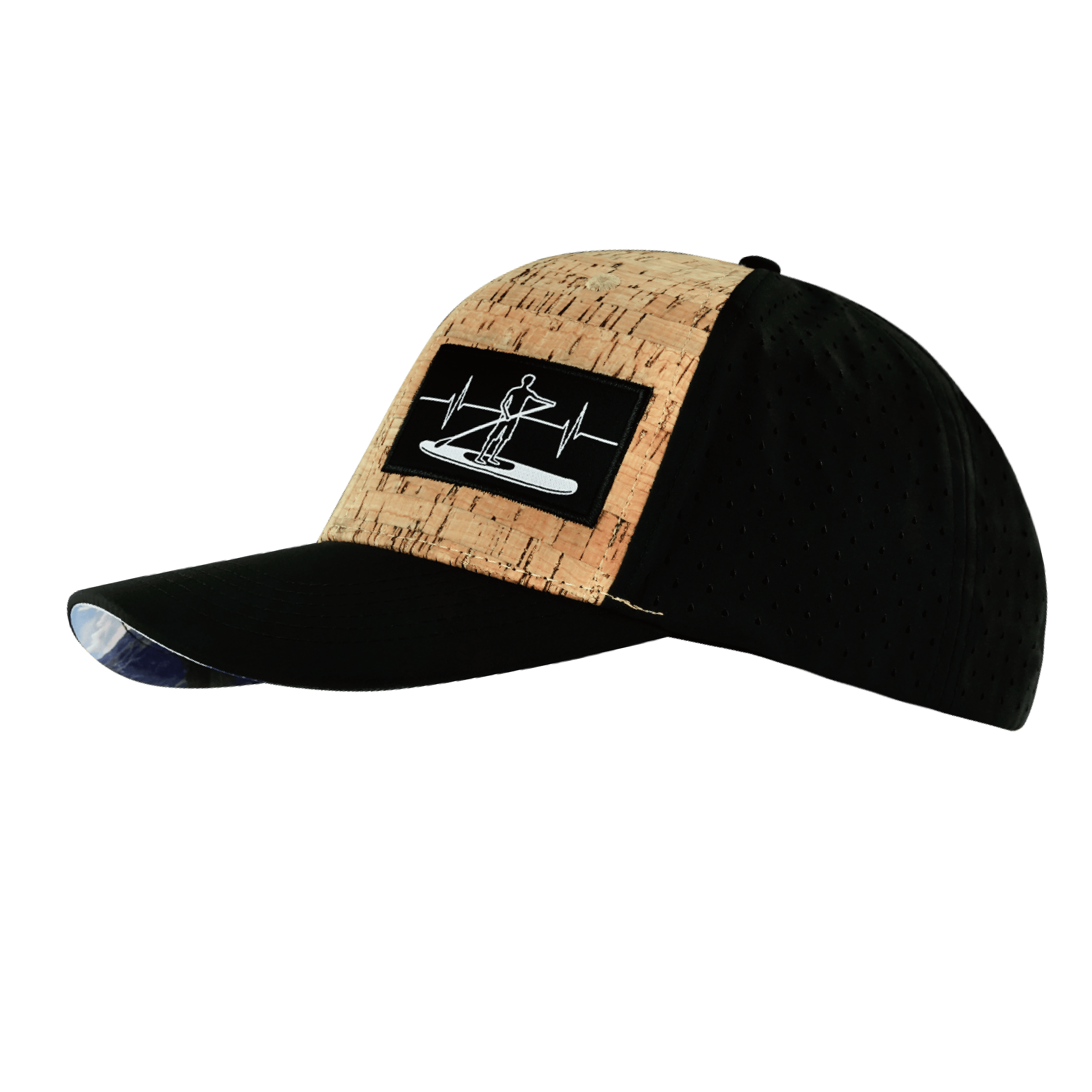 The Heartbeat Brand Paddle Board Hat - Baseball Hat Fit - Cork - Black - Laser Mesh — side view
