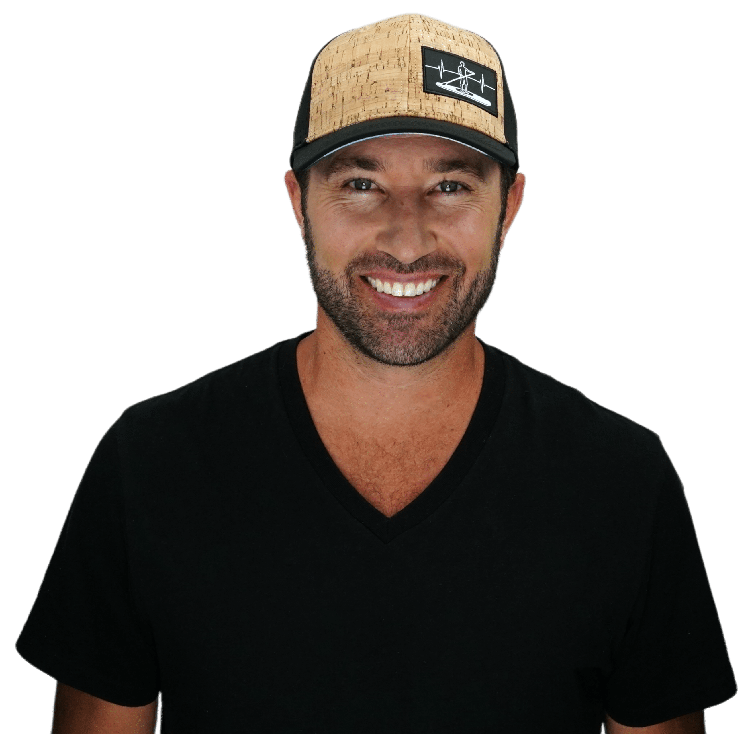 The Heartbeat Brand Paddle Board Hat - Baseball Hat Fit - Cork - Black - Laser Mesh — detail close-up