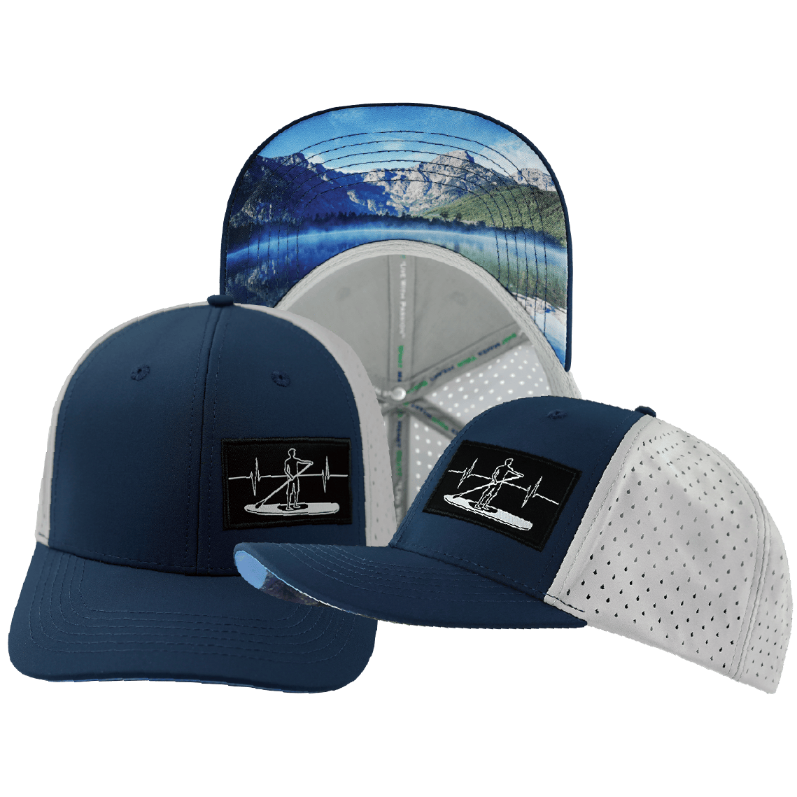 The Heartbeat Brand Paddle Board Hat - Baseball Hat Fit - Navy / Gray - Laser Mesh — main product shot