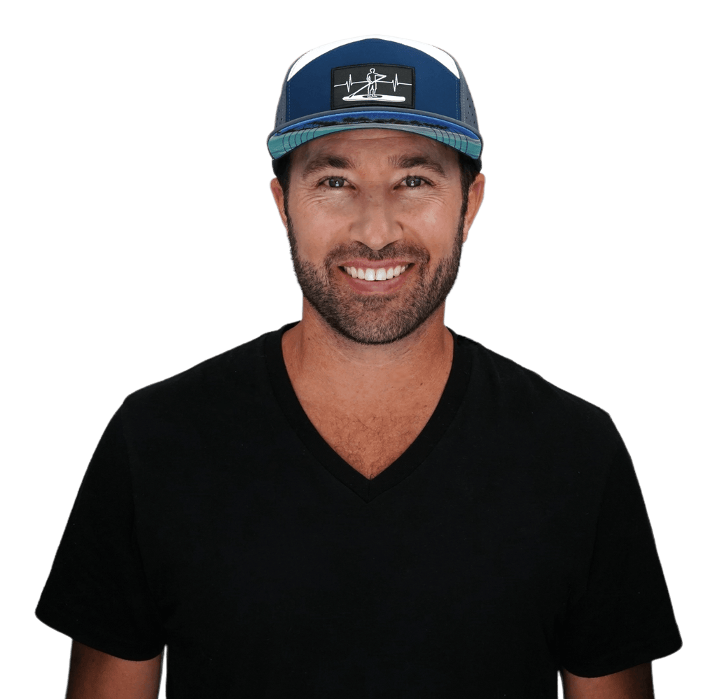 The Heartbeat Brand Paddle Board Hat - Flat Bill - Charcoal / Navy / White - Laser Mesh — detail close-up