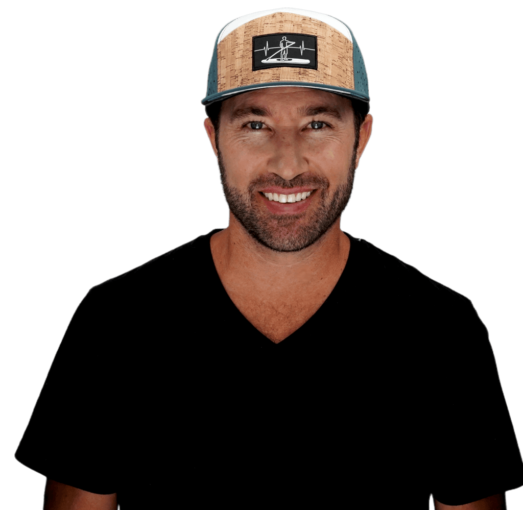 The Heartbeat Brand Paddle Board Hat - Flat Bill - Cork - Dark Teal / White - Laser Mesh — detail close-up