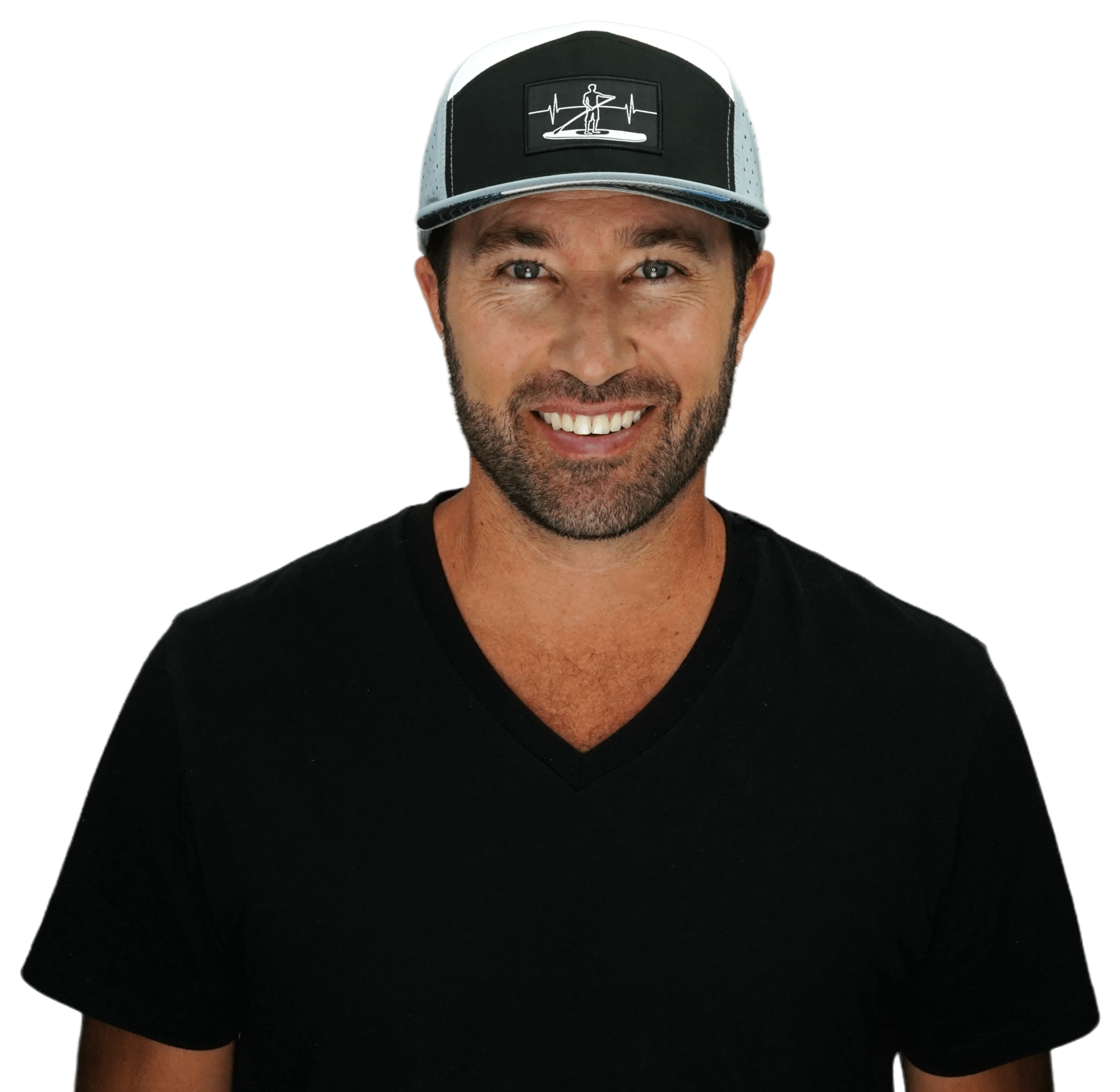 The Heartbeat Brand Paddle Board Hat - Flat Bill - Gray / Black / White - Laser Mesh — detail close-up