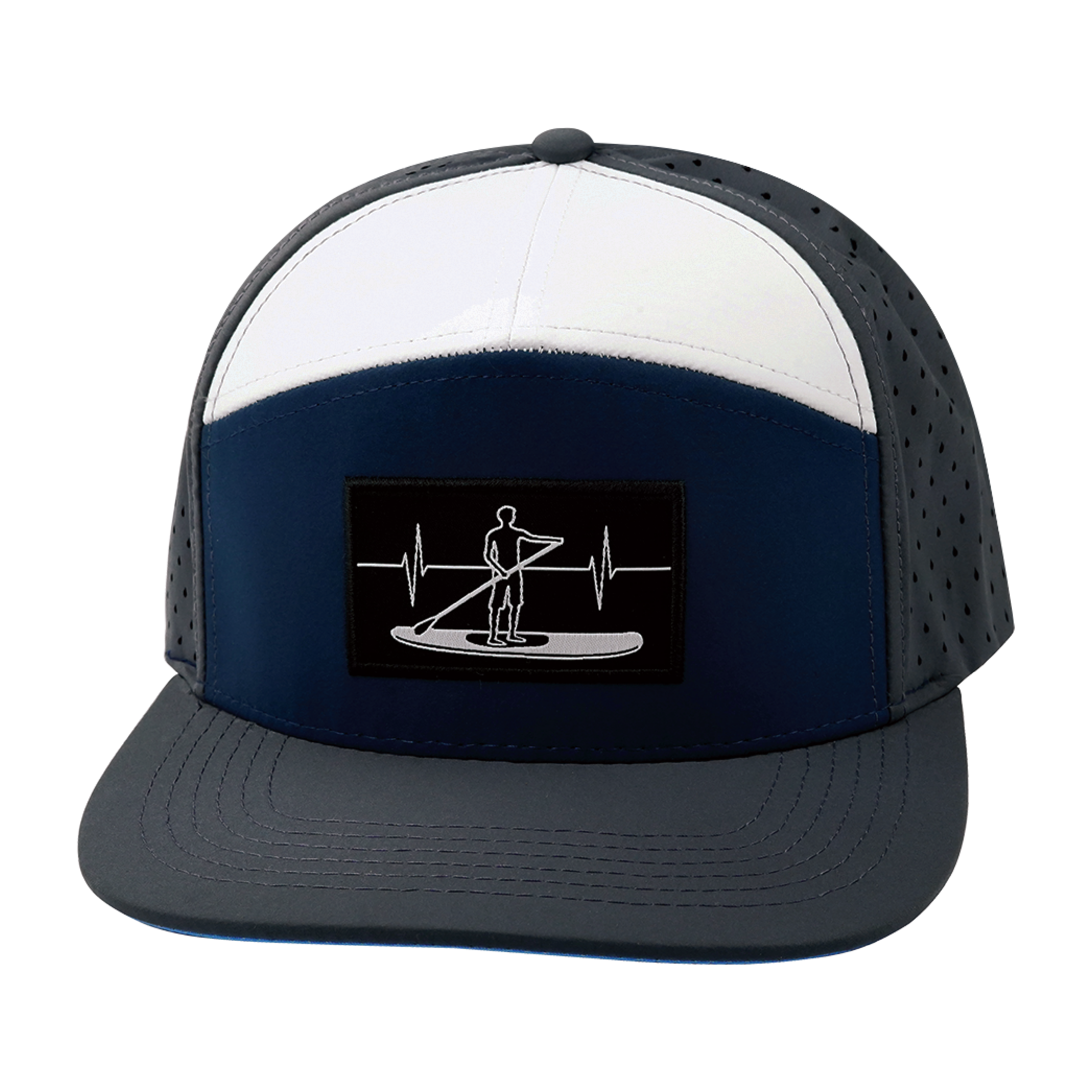 The Heartbeat Brand Paddle Board Hat - Flat Bill - Charcoal / Navy / White - Laser Mesh — back view