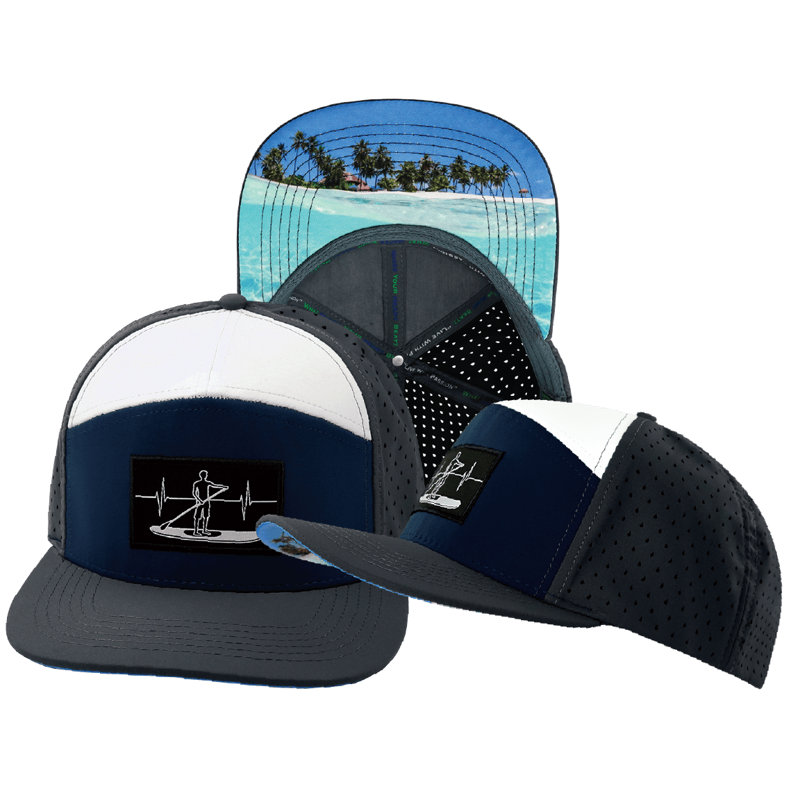 The Heartbeat Brand Paddle Board Hat - Flat Bill - Charcoal / Navy / White - Laser Mesh — main product shot