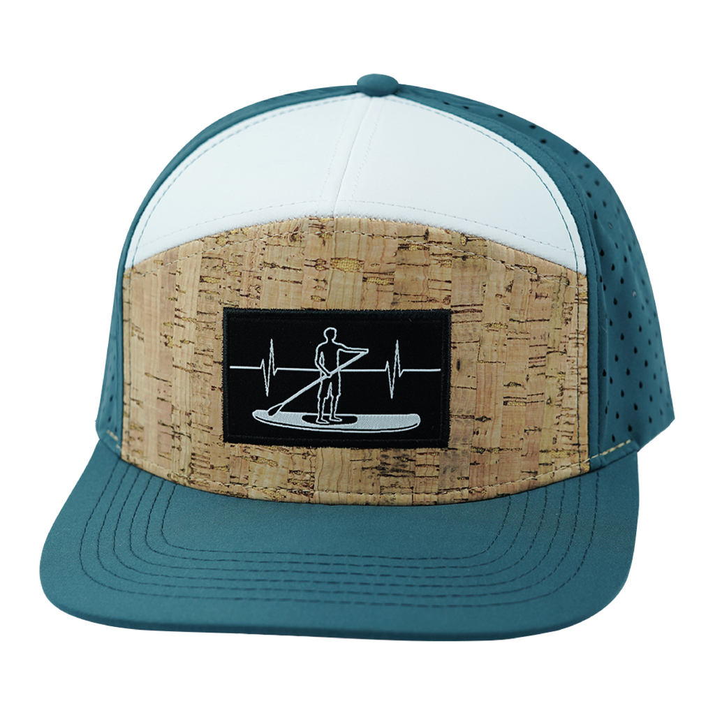 The Heartbeat Brand Paddle Board Hat - Flat Bill - Cork - Dark Teal / White - Laser Mesh — back view