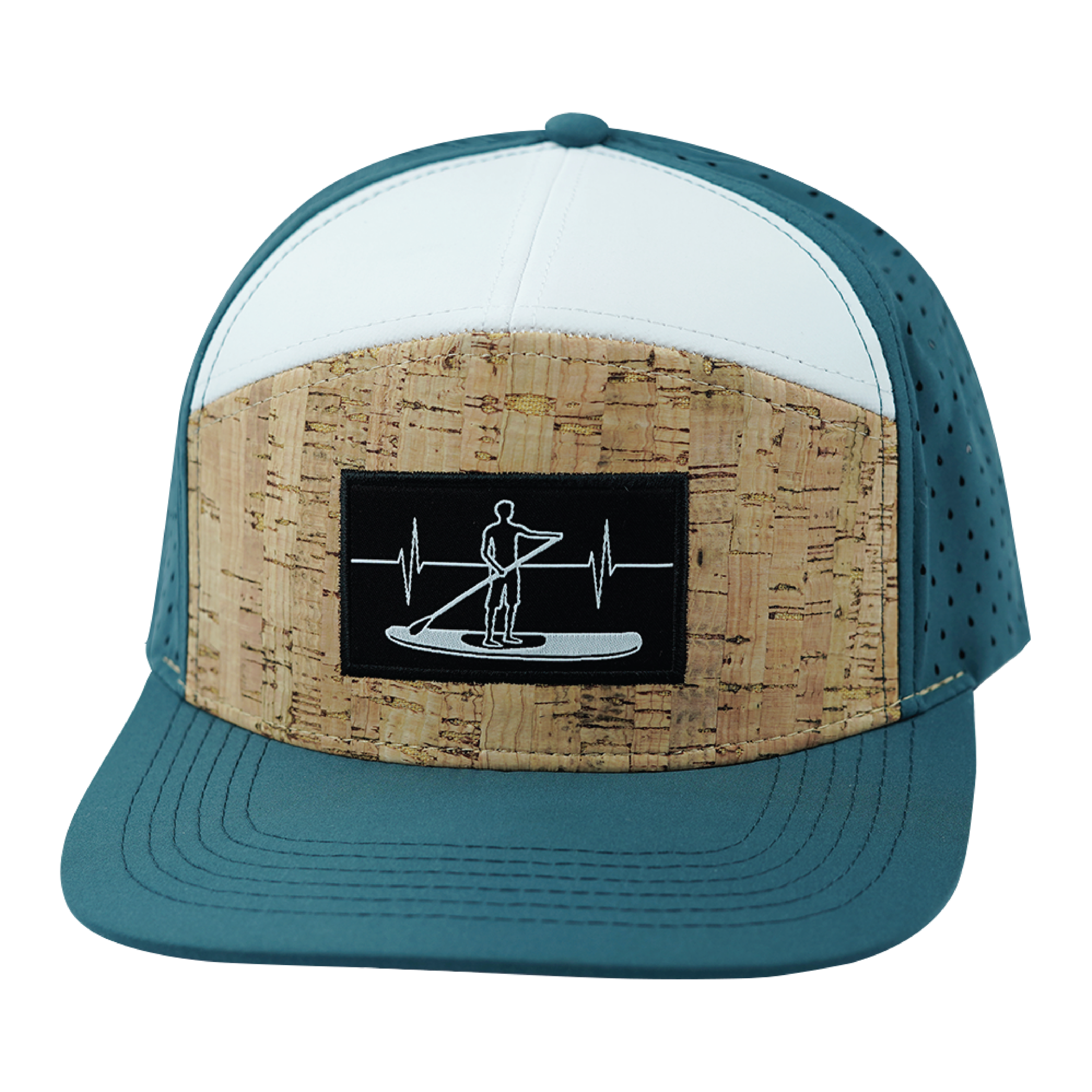The Heartbeat Brand Paddle Board Hat - Flat Bill - Cork - Dark Teal / White - Laser Mesh — back view