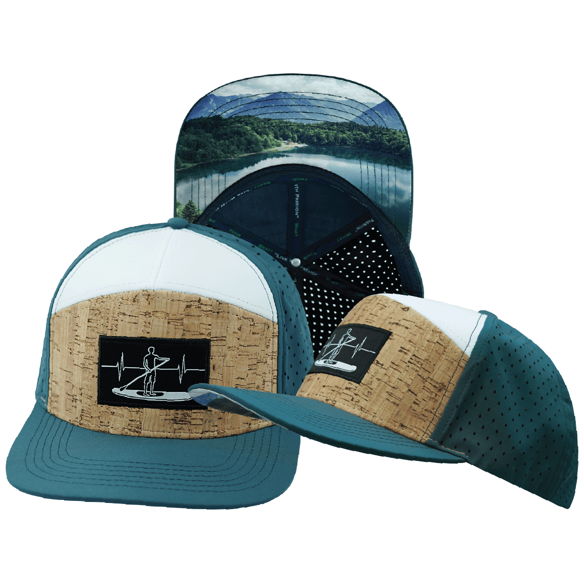 The Heartbeat Brand Paddle Board Hat - Flat Bill - Cork - Dark Teal / White - Laser Mesh — main product shot