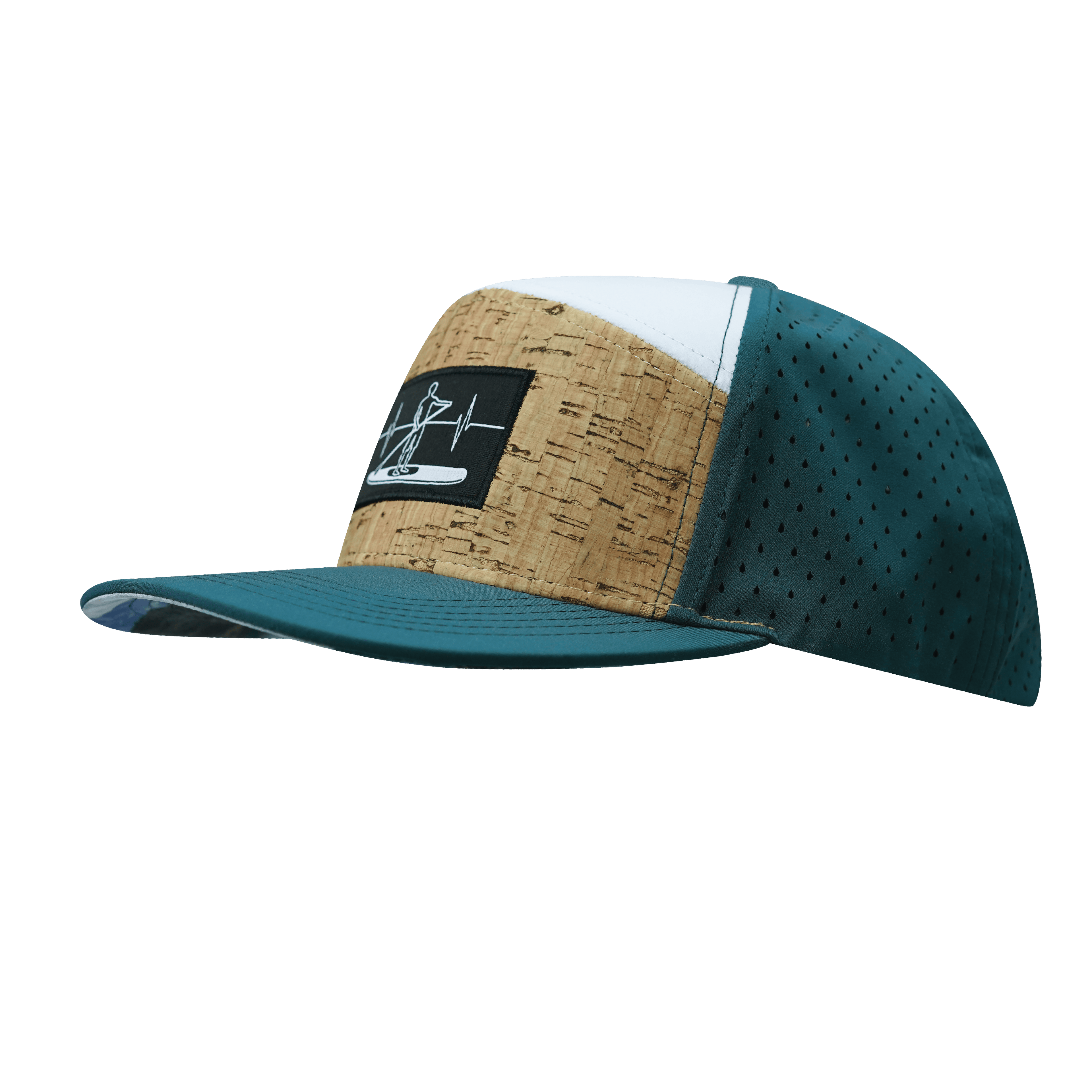 The Heartbeat Brand Paddle Board Hat - Flat Bill - Cork - Dark Teal / White - Laser Mesh — side view