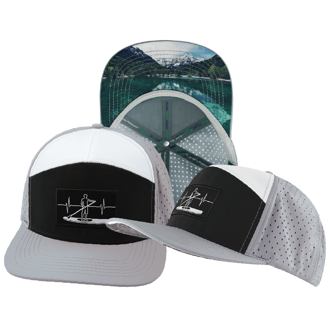 The Heartbeat Brand Paddle Board Hat - Flat Bill - Gray / Black / White - Laser Mesh — main product shot