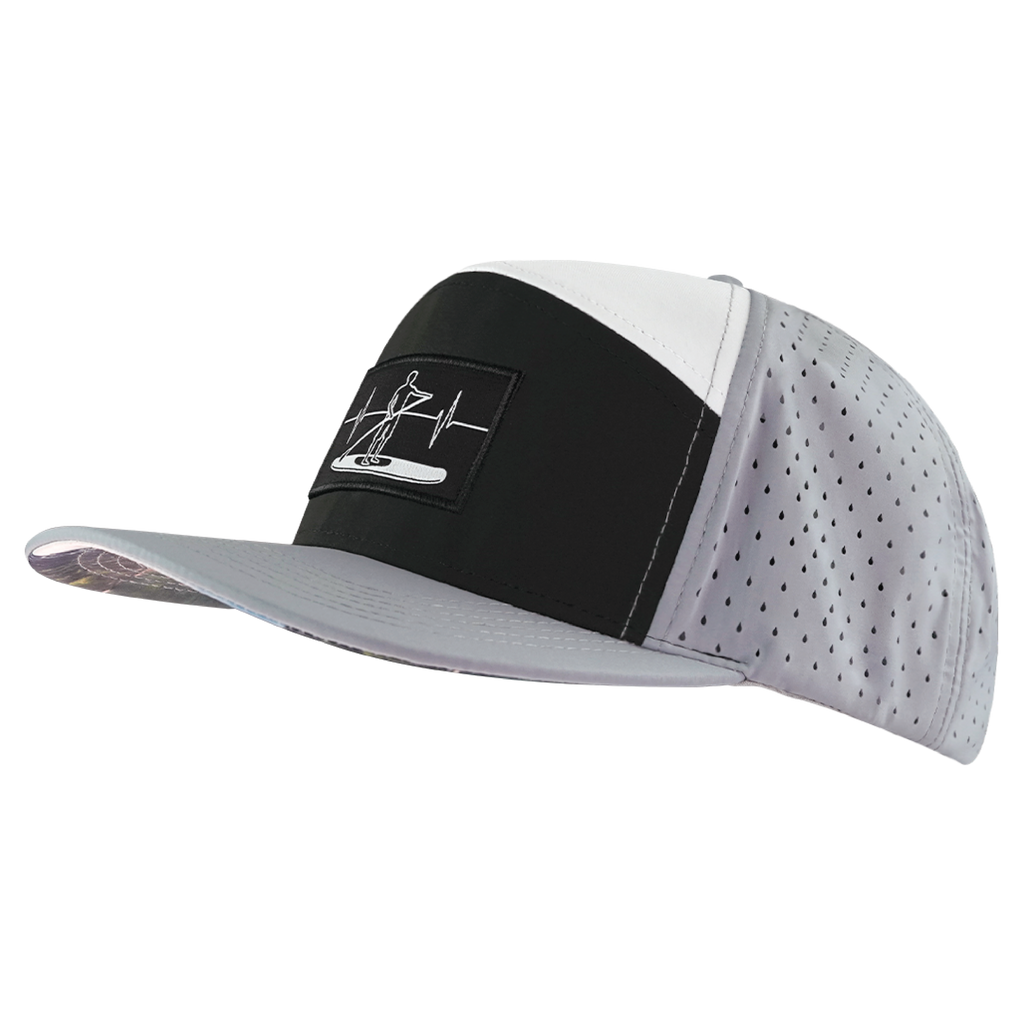The Heartbeat Brand Paddle Board Hat - Flat Bill - Gray / Black / White - Laser Mesh — side view