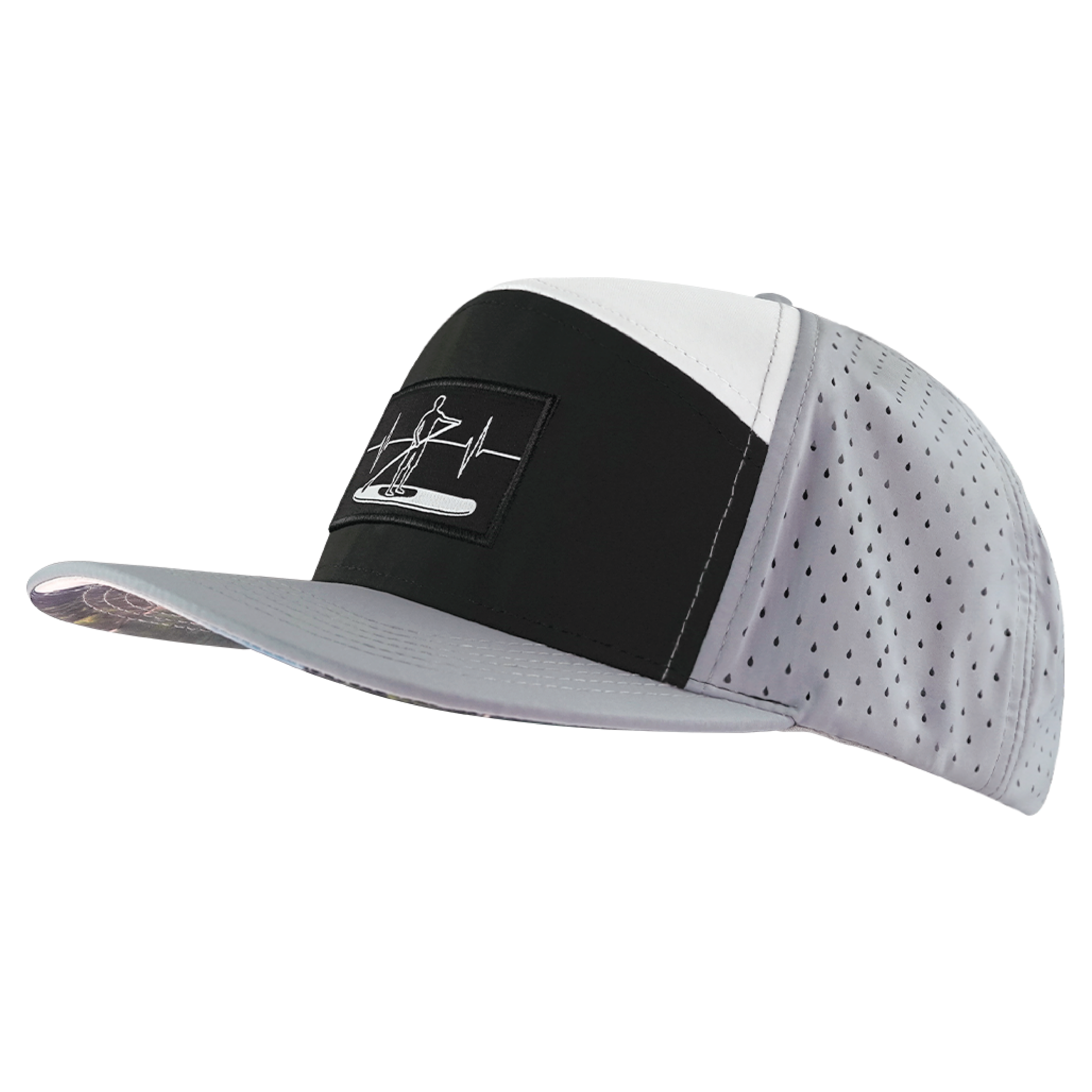The Heartbeat Brand Paddle Board Hat - Flat Bill - Gray / Black / White - Laser Mesh — side view