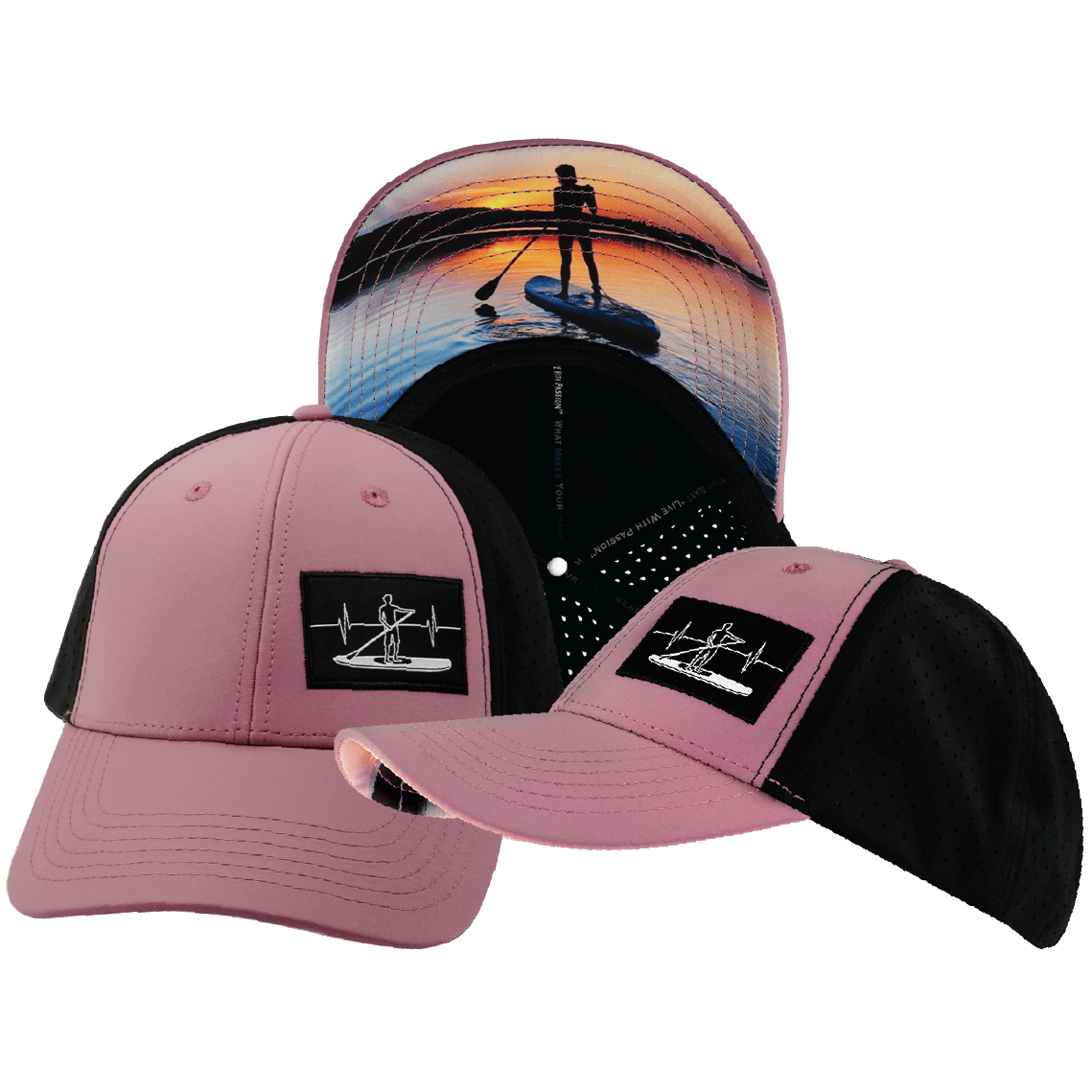 The Heartbeat Brand Paddle Board Hat - Low Profile - Ponytail - Dusty Pink / Black - Laser Mesh — main product shot