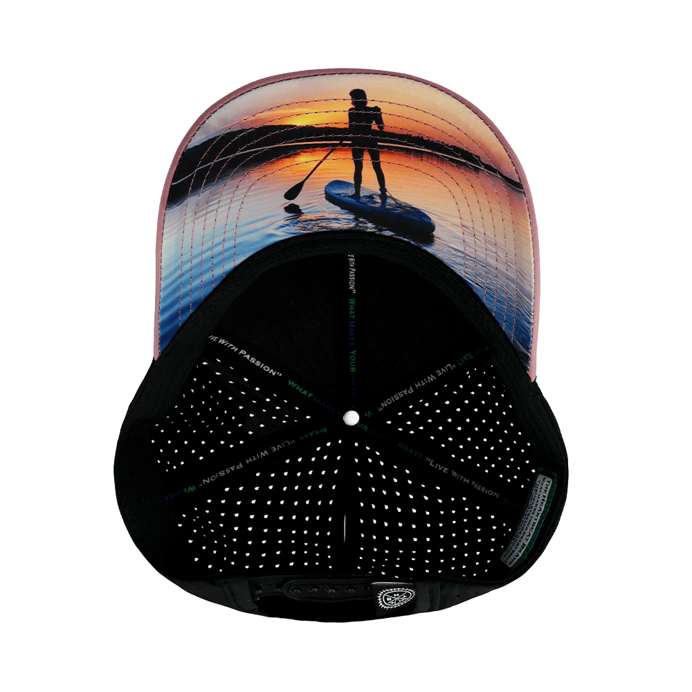The Heartbeat Brand Paddle Board Hat - Low Profile - Ponytail - Dusty Pink / Black - Laser Mesh — back view