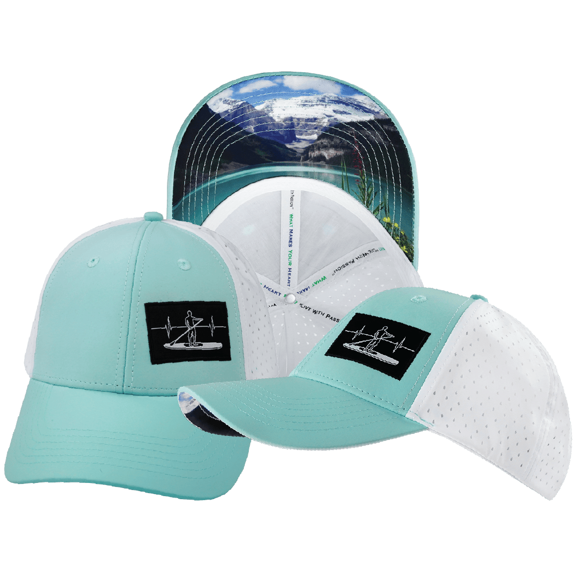 The Heartbeat Brand Paddle Board Hat - Low Profile - Ponytail - Mint / White - Laser Mesh — main product shot