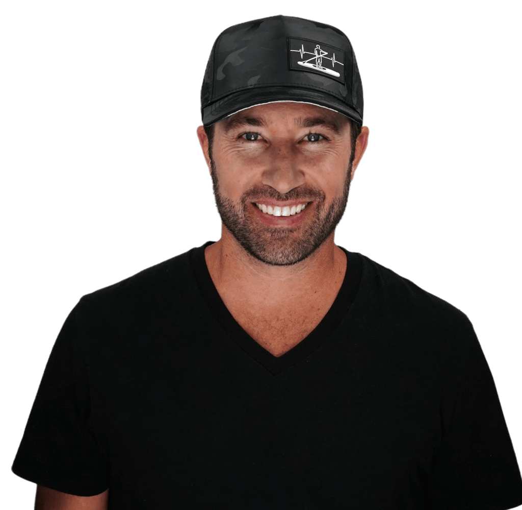 The Heartbeat Brand Paddle Board Hat - Trucker Hat - Black Camo - Laser Mesh — detail close-up