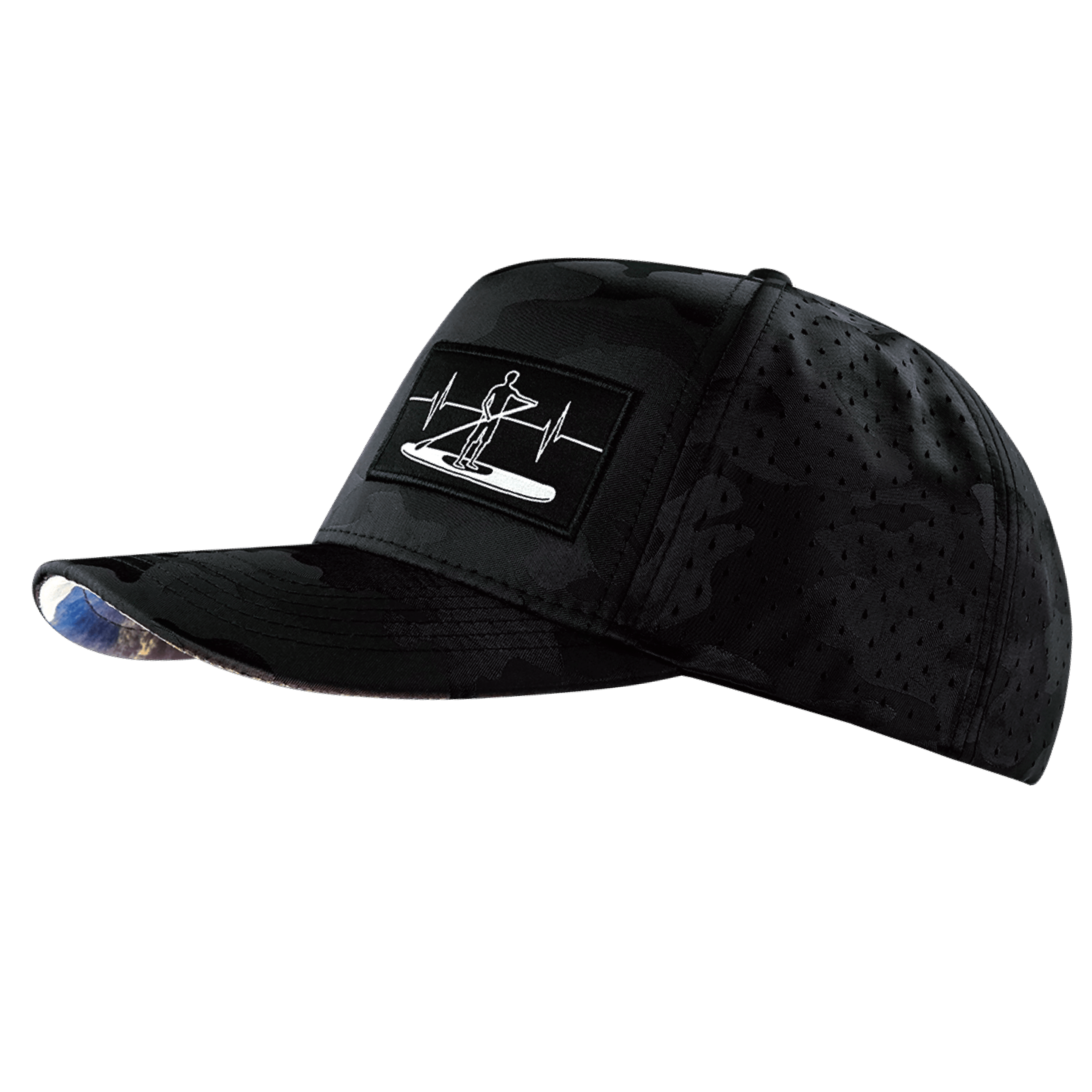 The Heartbeat Brand Paddle Board Hat - Trucker Hat - Black Camo - Laser Mesh — side view