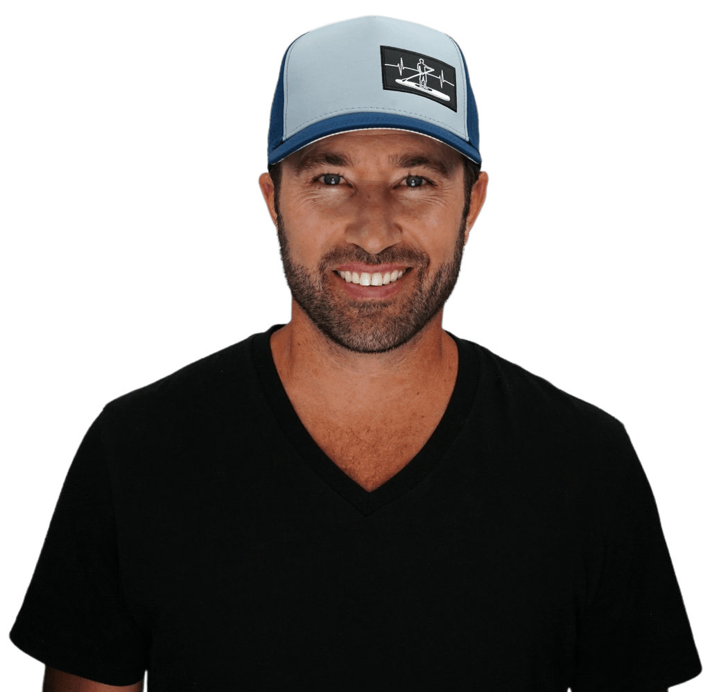 The Heartbeat Brand Paddle Board Hat - Trucker Hat - Dark Blue / Gray Blue - Laser Mesh — detail close-up