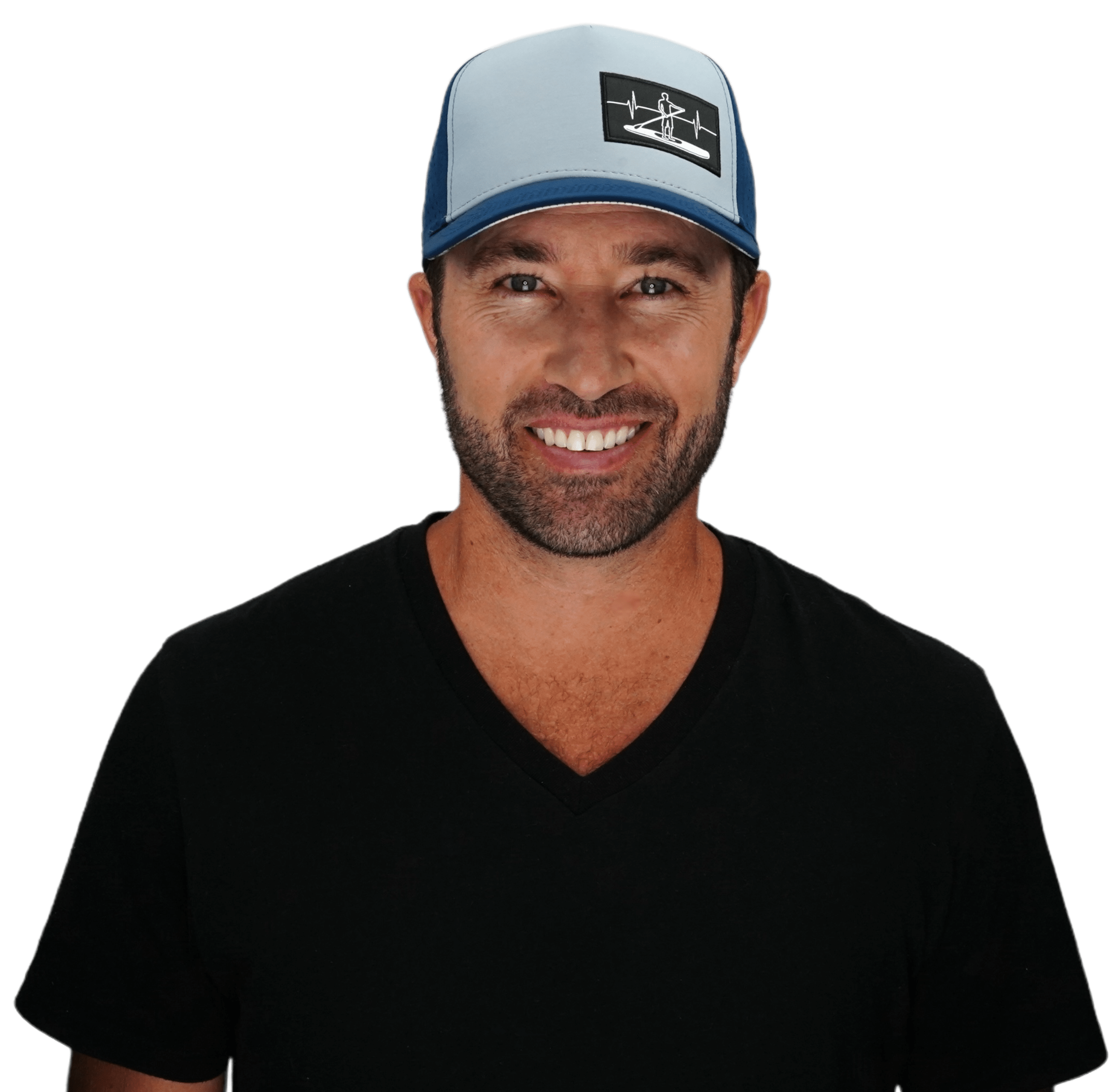 The Heartbeat Brand Paddle Board Hat - Trucker Hat - Dark Blue / Gray Blue - Laser Mesh — detail close-up