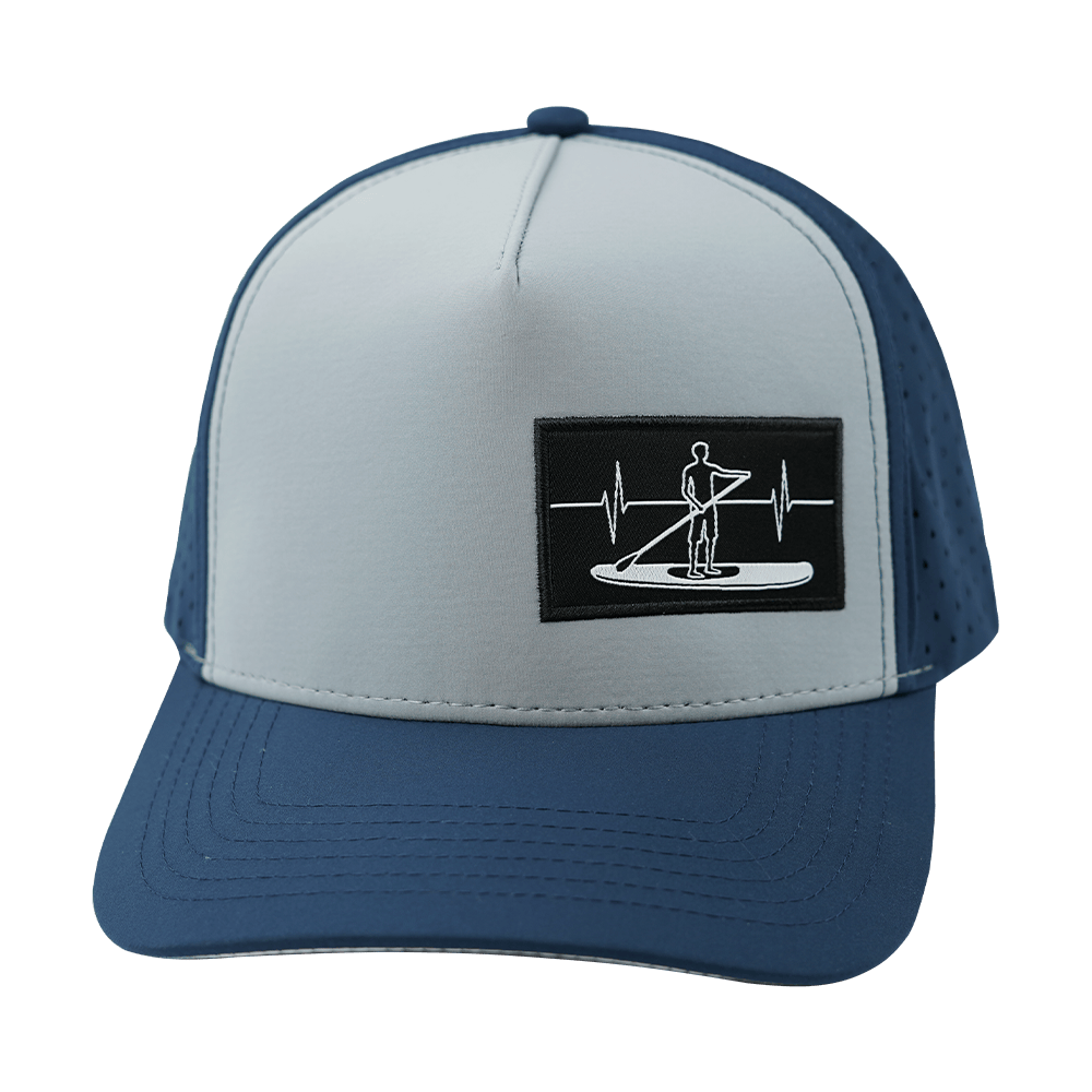 The Heartbeat Brand Paddle Board Hat - Trucker Hat - Dark Blue / Gray Blue - Laser Mesh — back view
