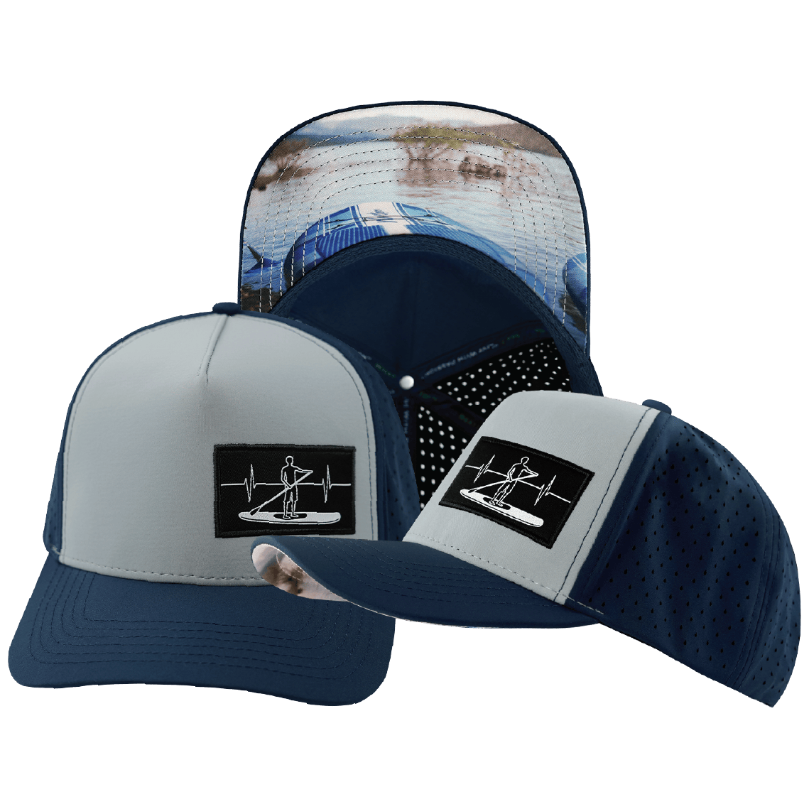 The Heartbeat Brand Paddle Board Hat - Trucker Hat - Dark Blue / Gray Blue - Laser Mesh — main product shot