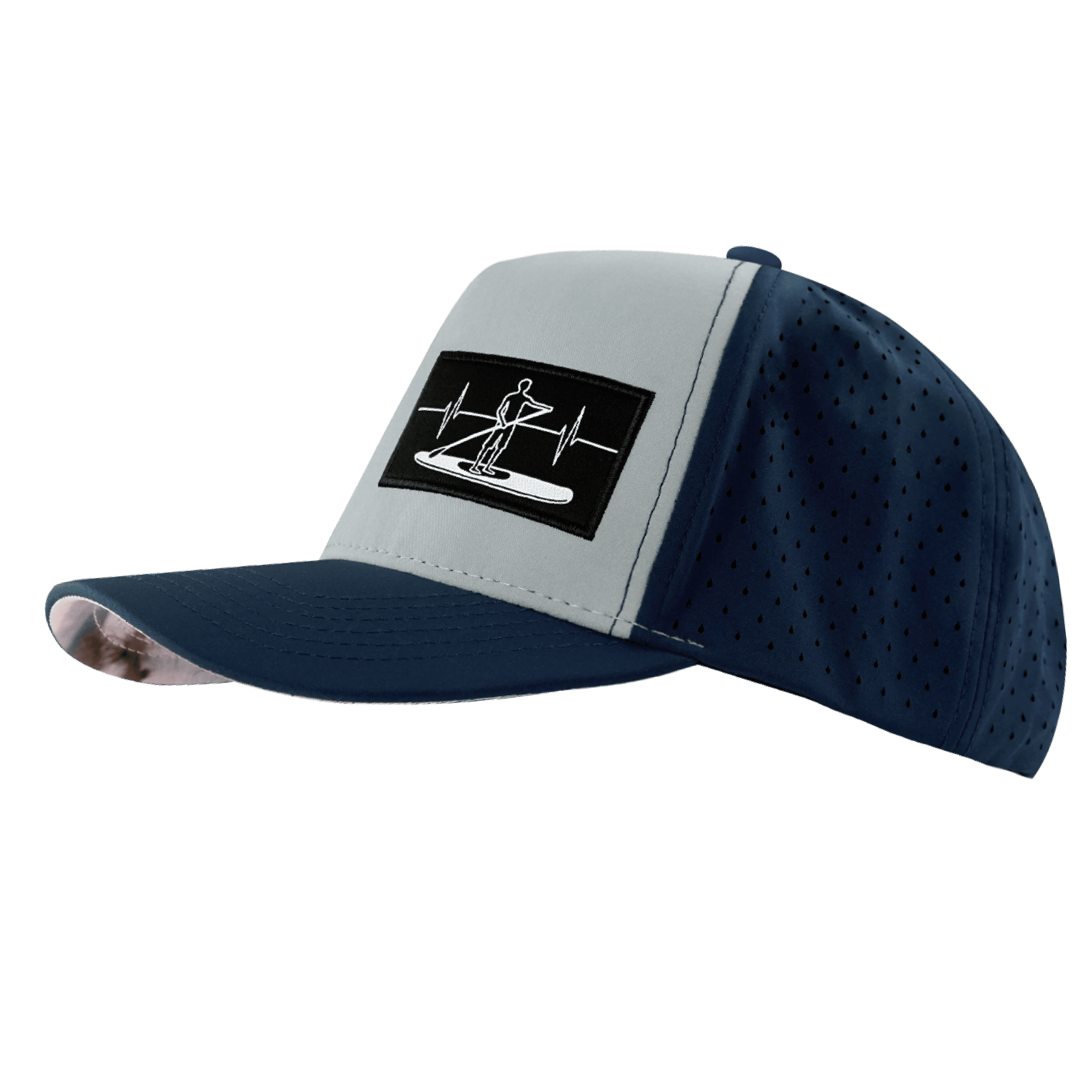 The Heartbeat Brand Paddle Board Hat - Trucker Hat - Dark Blue / Gray Blue - Laser Mesh — side view