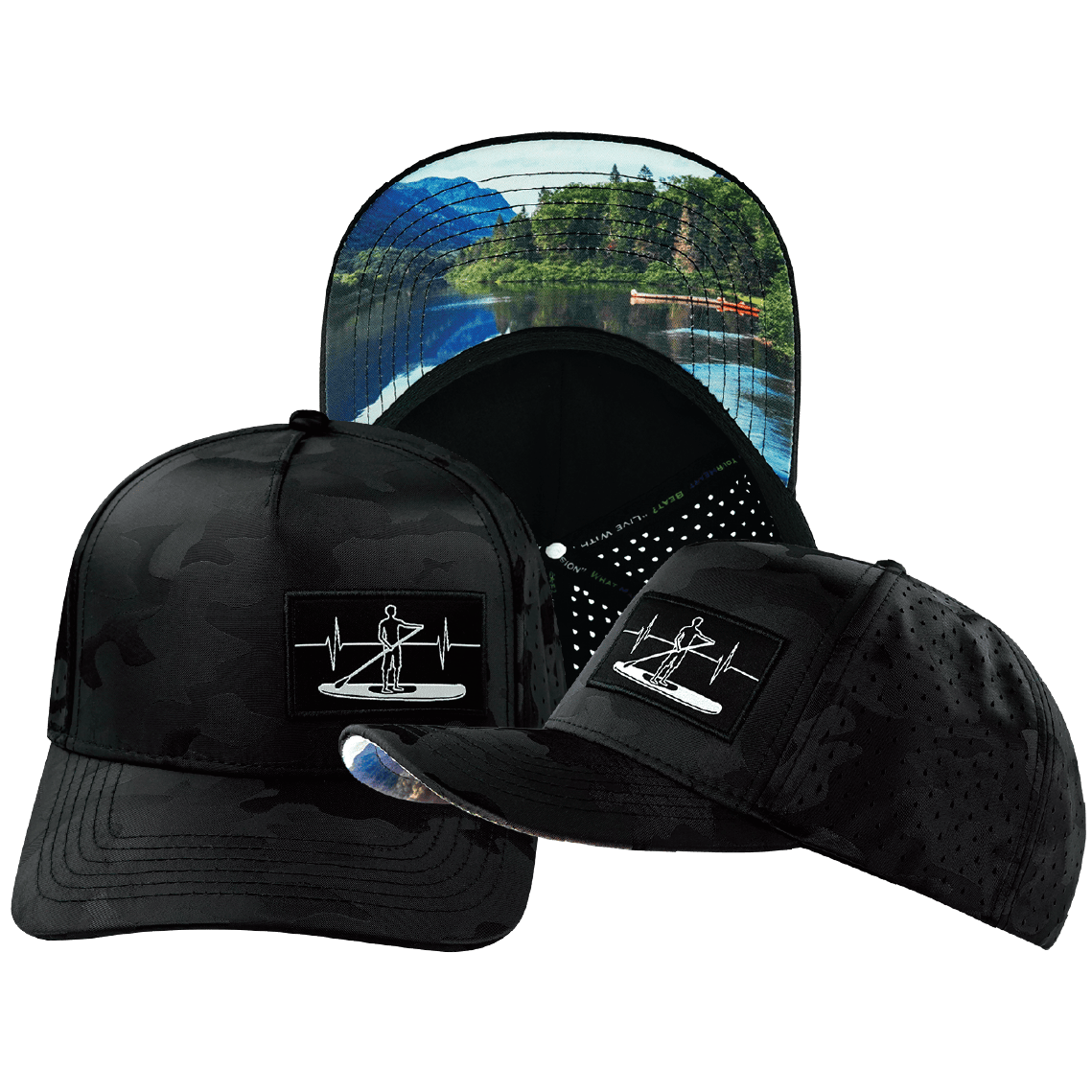 The Heartbeat Brand Paddle Board Hat - Trucker Hat - Black Camo - Laser Mesh — main product shot