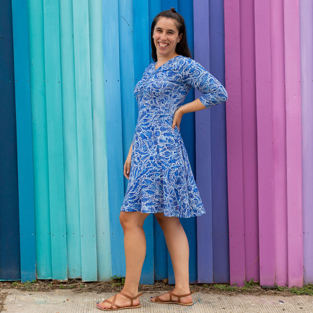 Princess Awesome & Boy Wonder Adult "Ancient Imprint" Paleo Paisley V-Neck A-Line Dress with Sleeves and Pockets — lifestyle worn / used context