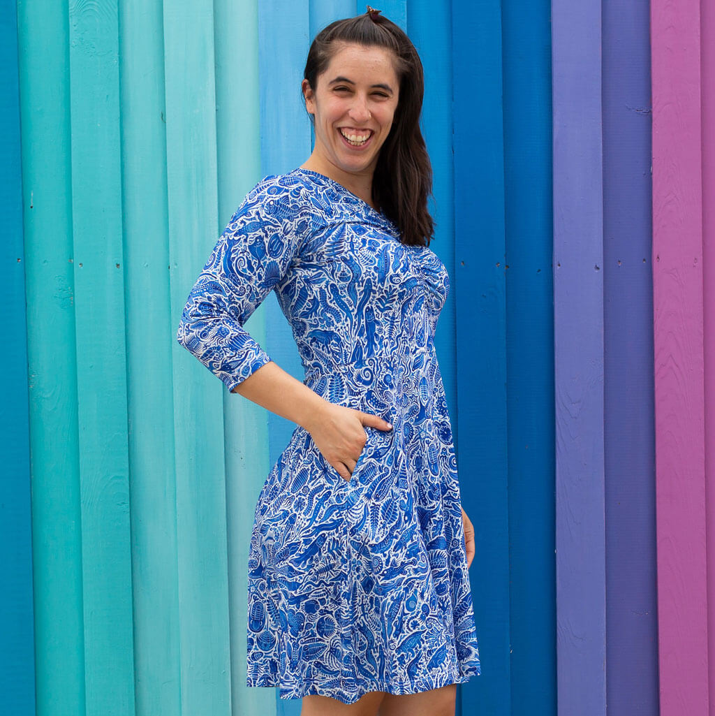 Princess Awesome & Boy Wonder Adult "Ancient Imprint" Paleo Paisley V-Neck A-Line Dress with Sleeves and Pockets — adult dresses category context