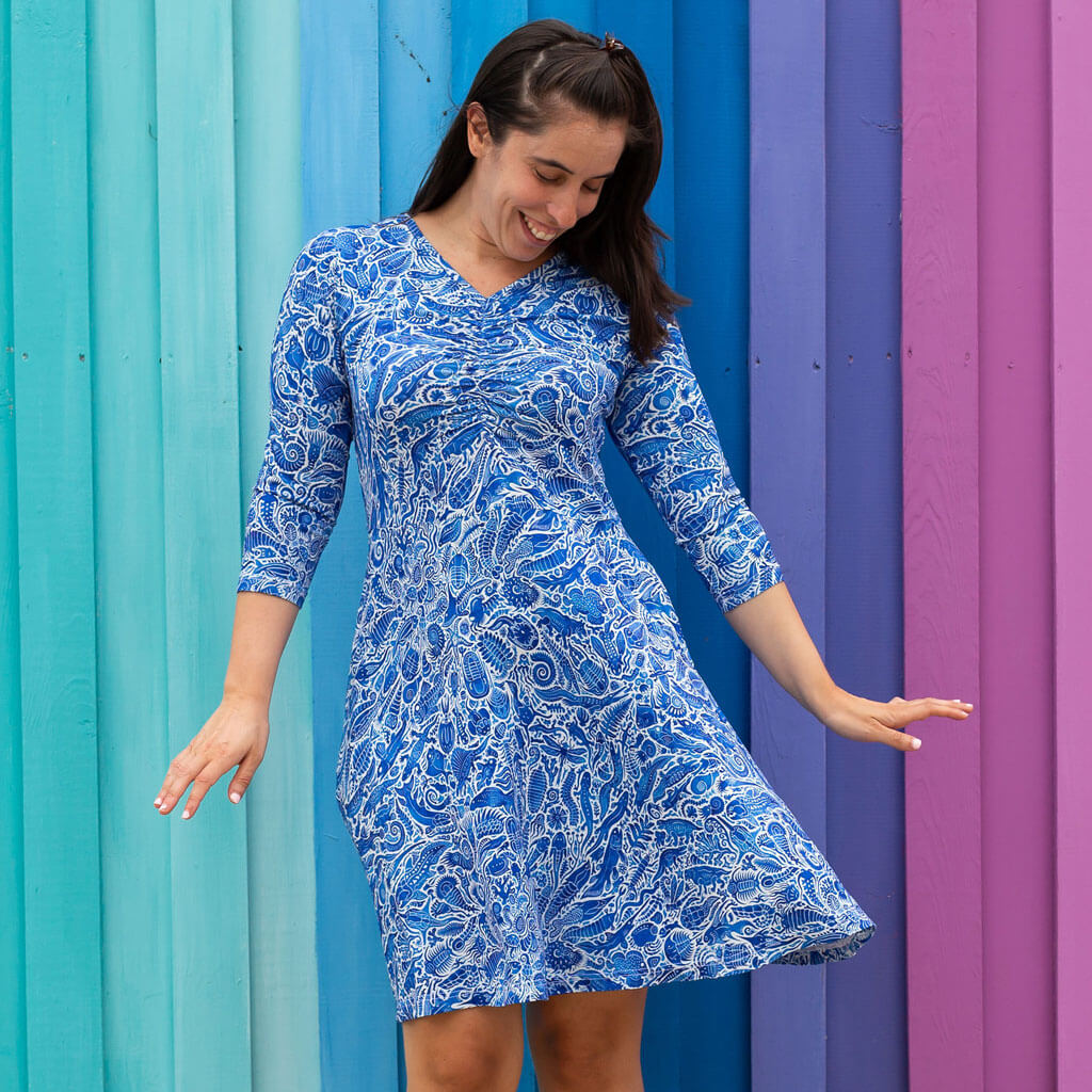Princess Awesome & Boy Wonder Adult "Ancient Imprint" Paleo Paisley V-Neck A-Line Dress with Sleeves and Pockets — main product shot