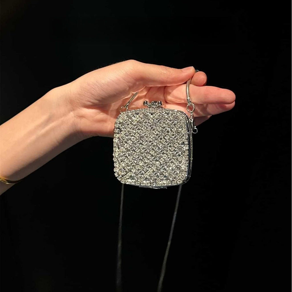 Mariam's Collection ‌Palm-Sized Diamond Mini Clutch Silver Glamour Gala Bag (MAC281) — Mariam's Collection branding close-up