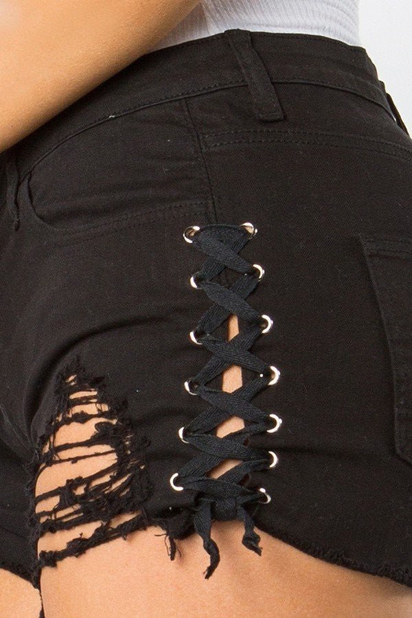 Paula Plus Size-mid Rise Out Seam Lace Up Black Shorts