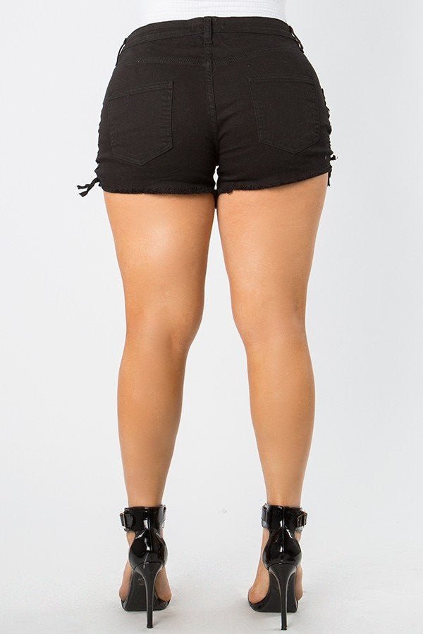 Paula Plus Size-mid Rise Out Seam Lace Up Black Shorts