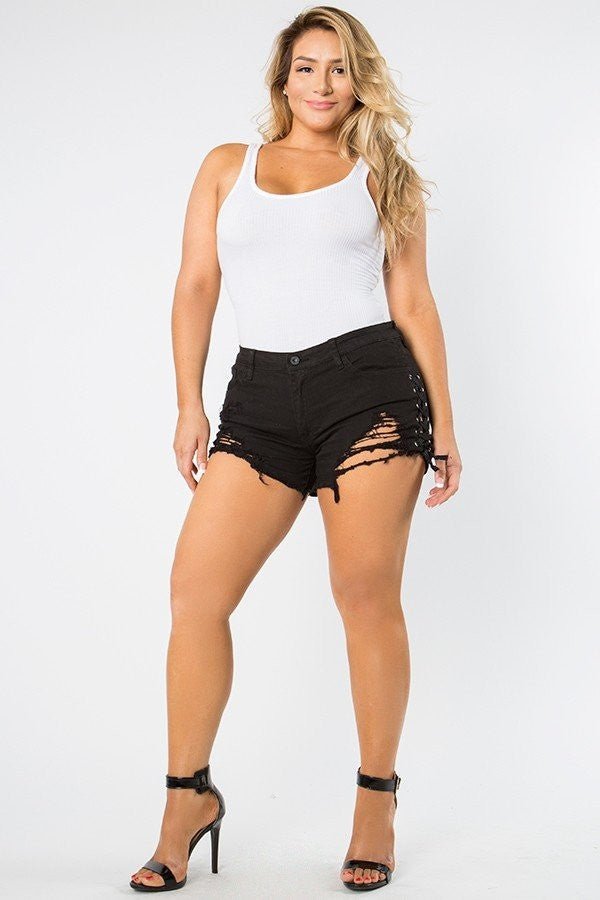 Paula Plus Size-mid Rise Out Seam Lace Up Black Shorts
