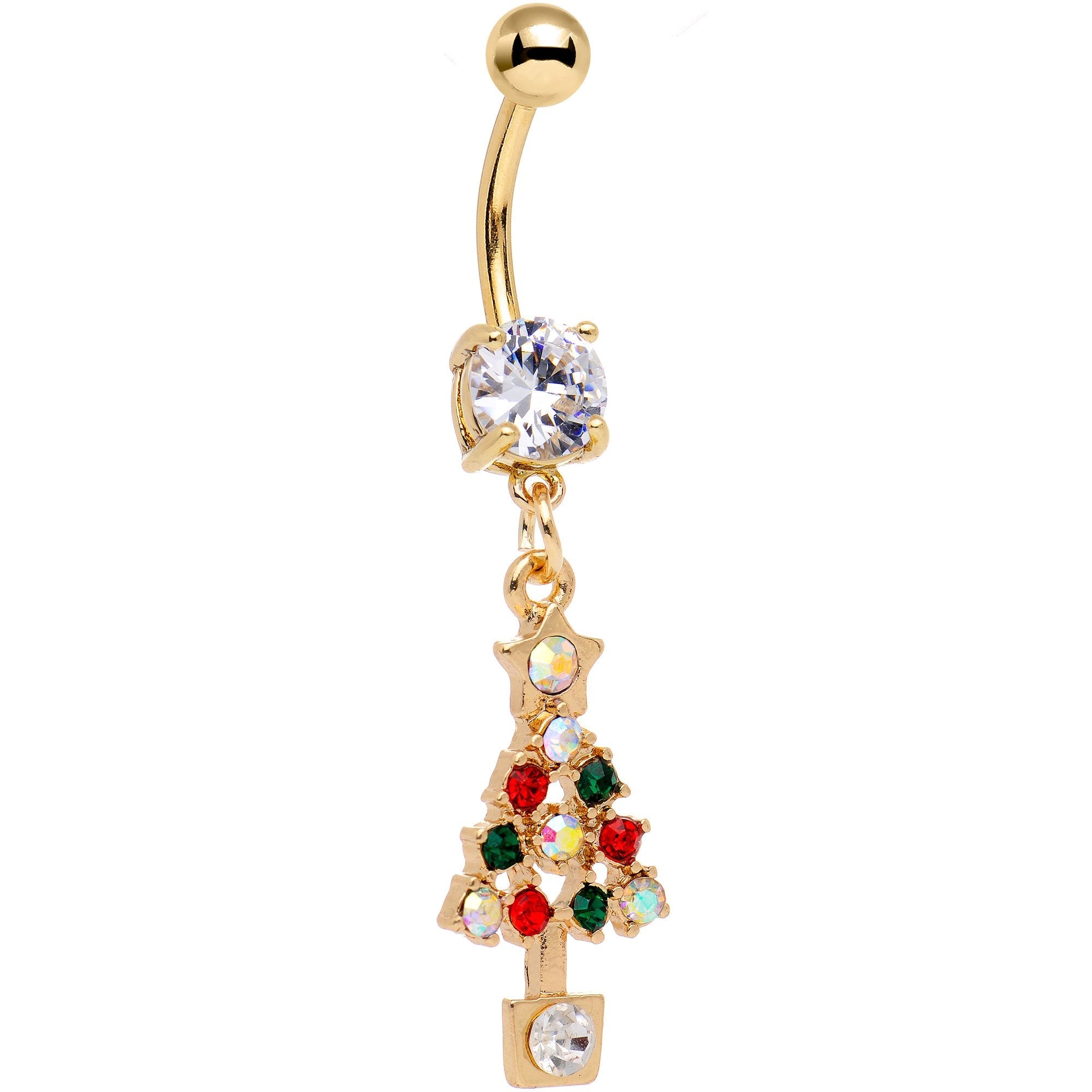 BodyCandy Clear Gem Gold Plated Decked Out Christmas Tree Dangle Belly Ring — main product shot