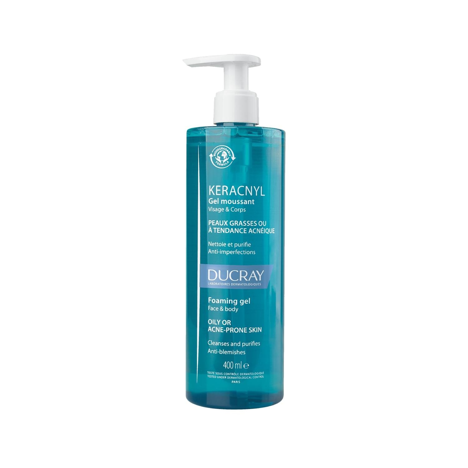 Ducray Keracnyl Cleansing Gel for Oily and Acne-Prone Skin - 400ml, Gentle Daily Cleanser for Sensitive Skin