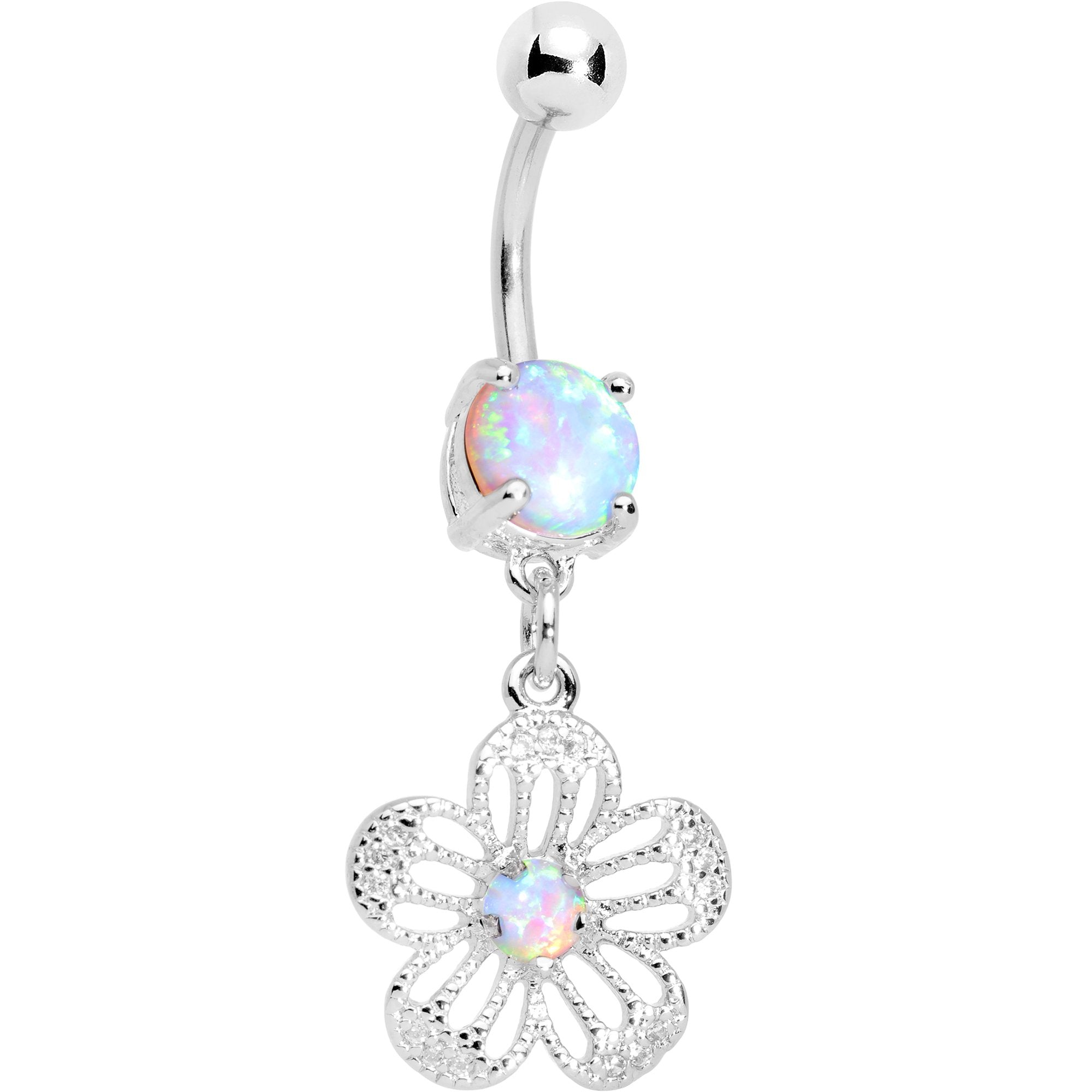 BodyCandy White Faux Opal Frozen Flower Dangle Belly Ring — main product shot