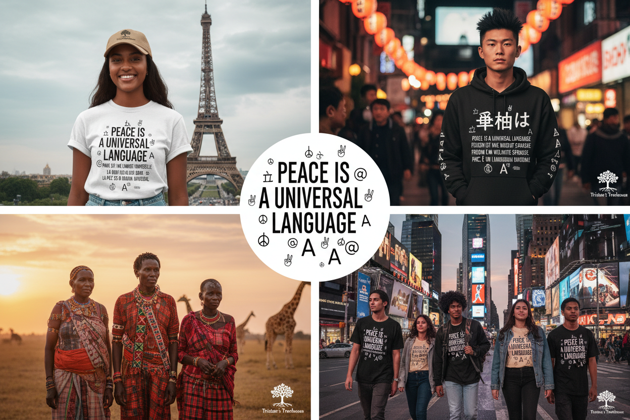 Tristan’s Treehouse Peace is a Universal Language – Long Sleeve — detail close-up