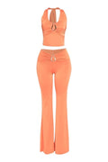 Peachy Geometric Gold Trimmed Halter Top Flare Pant Set