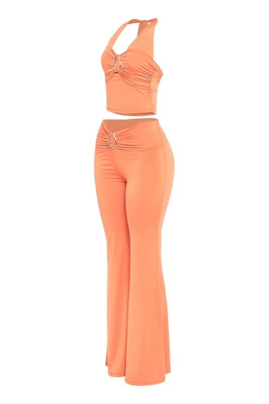 Peachy Geometric Gold Trimmed Halter Top Flare Pant Set