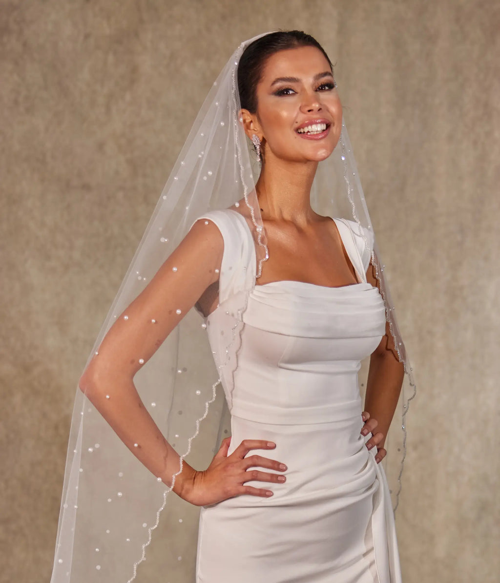 Pearl Wedding Veil, Cathedral Veil- D238 – Bridal Port, view 8