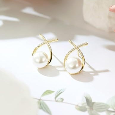 SORI STYLE Elegant Gold Plated Pearl Stud Cross Earrings — side view
