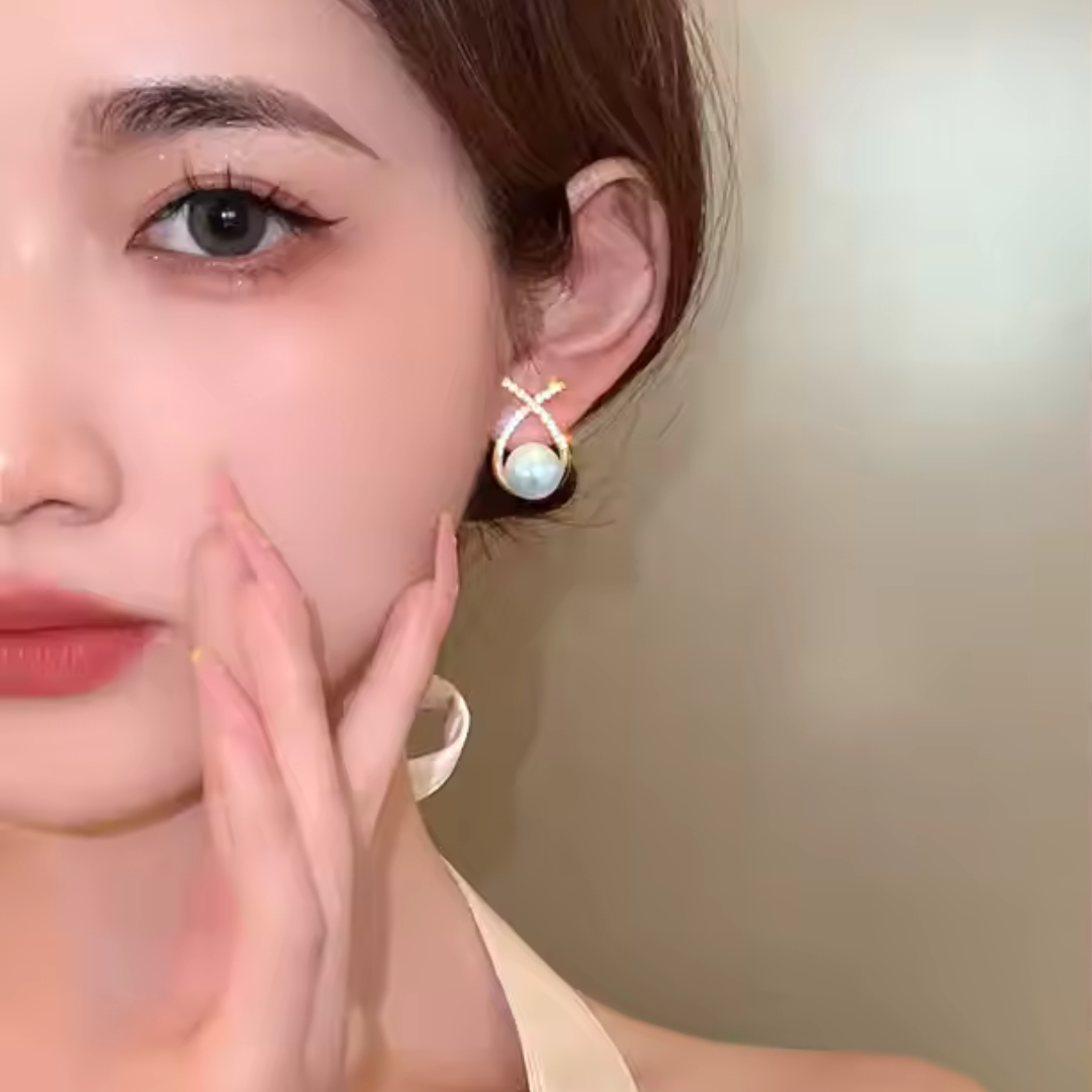 SORI STYLE Elegant Gold Plated Pearl Stud Cross Earrings — lifestyle context