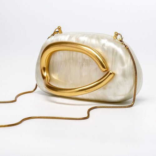Pearlized Acrylic Gold-Tone Ring Handle Evening Bag - Wedding Banquet Shoulder Messenger Purse (MAC250)
