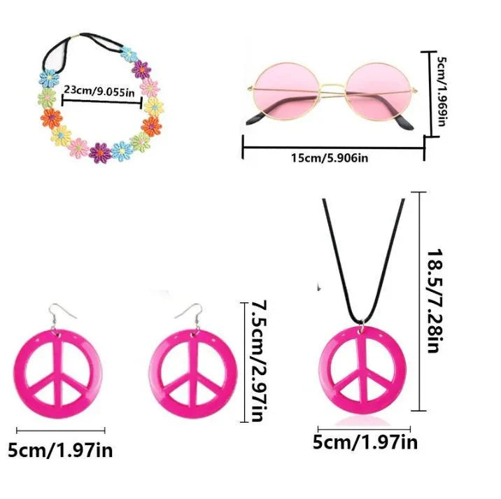 PESENAR  60s Hippie Costume Accessory Set with Flower Headband, Pink Sunglasses and Peace Sign Jewelry